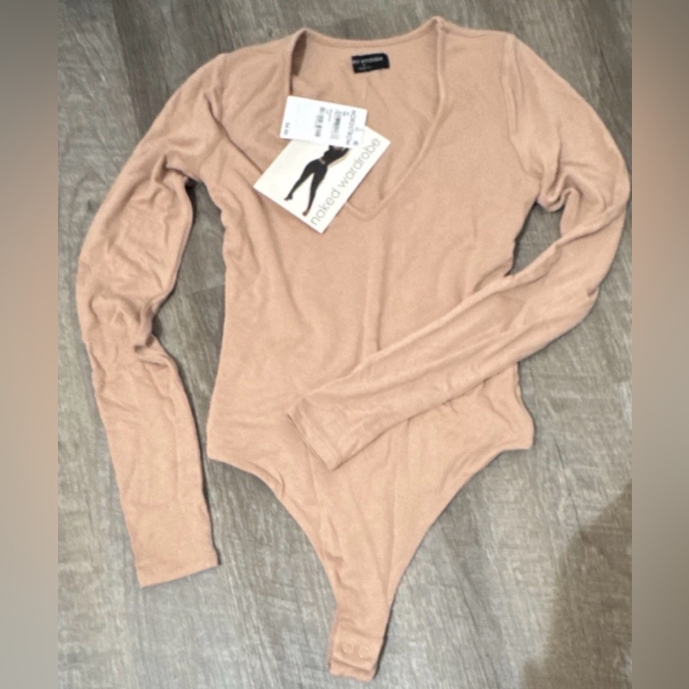 Naked Wardrobe, NWT, XS, Tan Nude One Piece Bodysuit, Long Sleeve